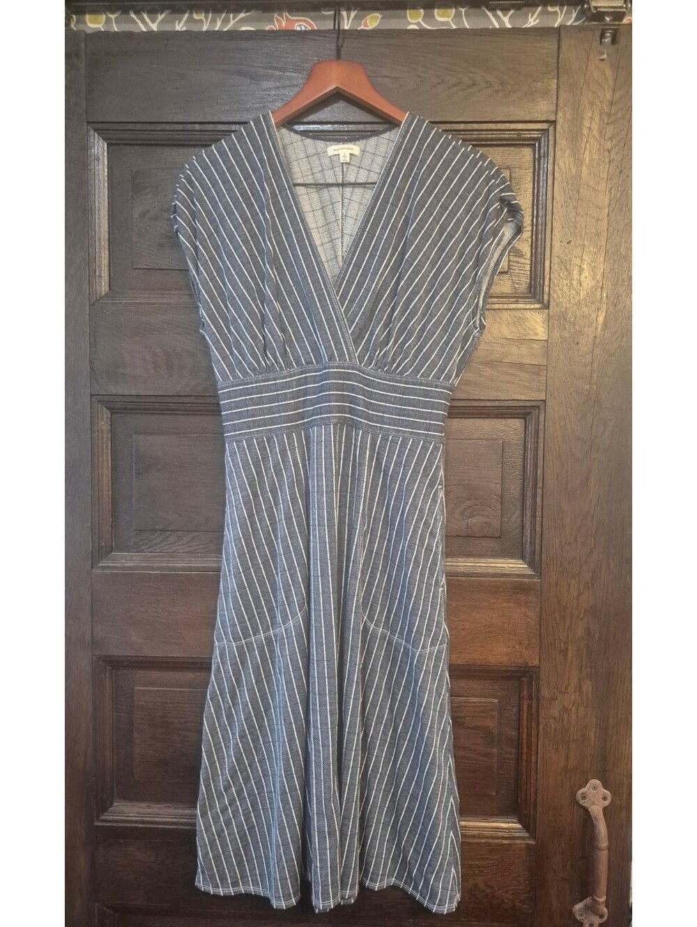 Max Studio Gray and White Striped V‑Neck Fit-and-Flare Dress